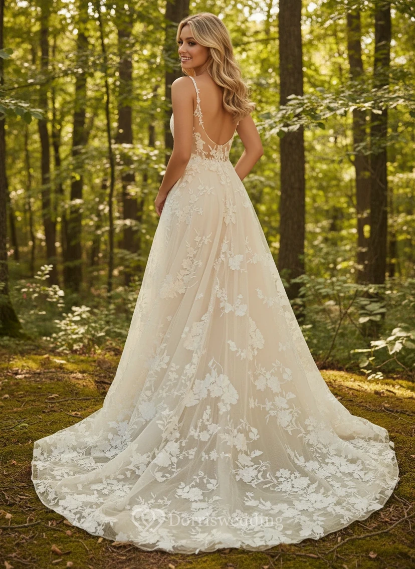 Robe de mariée bohème en dentelle florale, coupe trapèze, bretelles spaghetti et décolleté en V view 2