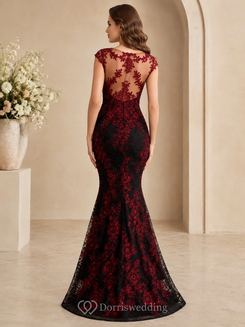 Black Red Floral Lace Cap Sleeve Mermaid Floor-length Sweep Train Formal Gown view 2