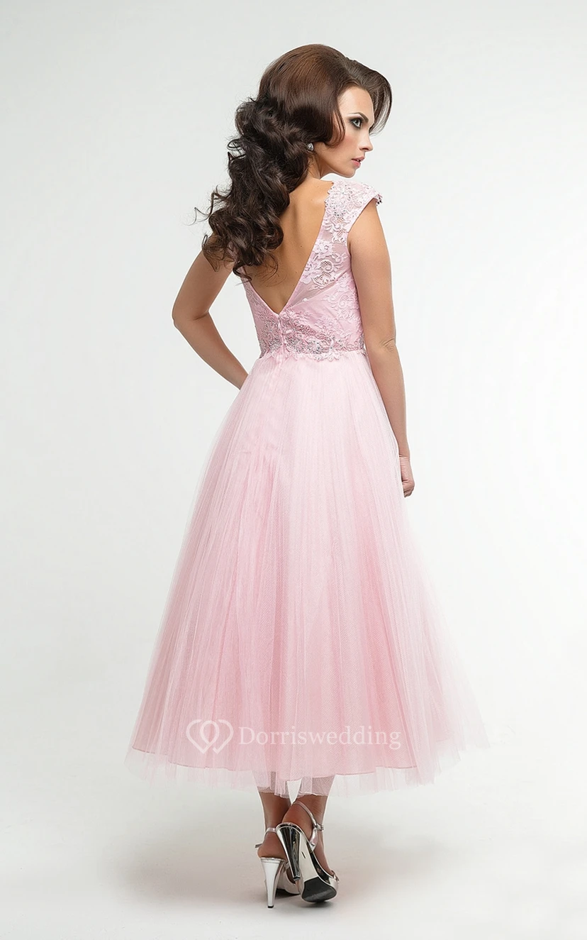 A-Line Tea-Length Jewel Short Sleeve Tulle Appliques Pleats Low-V Back Dress view 2