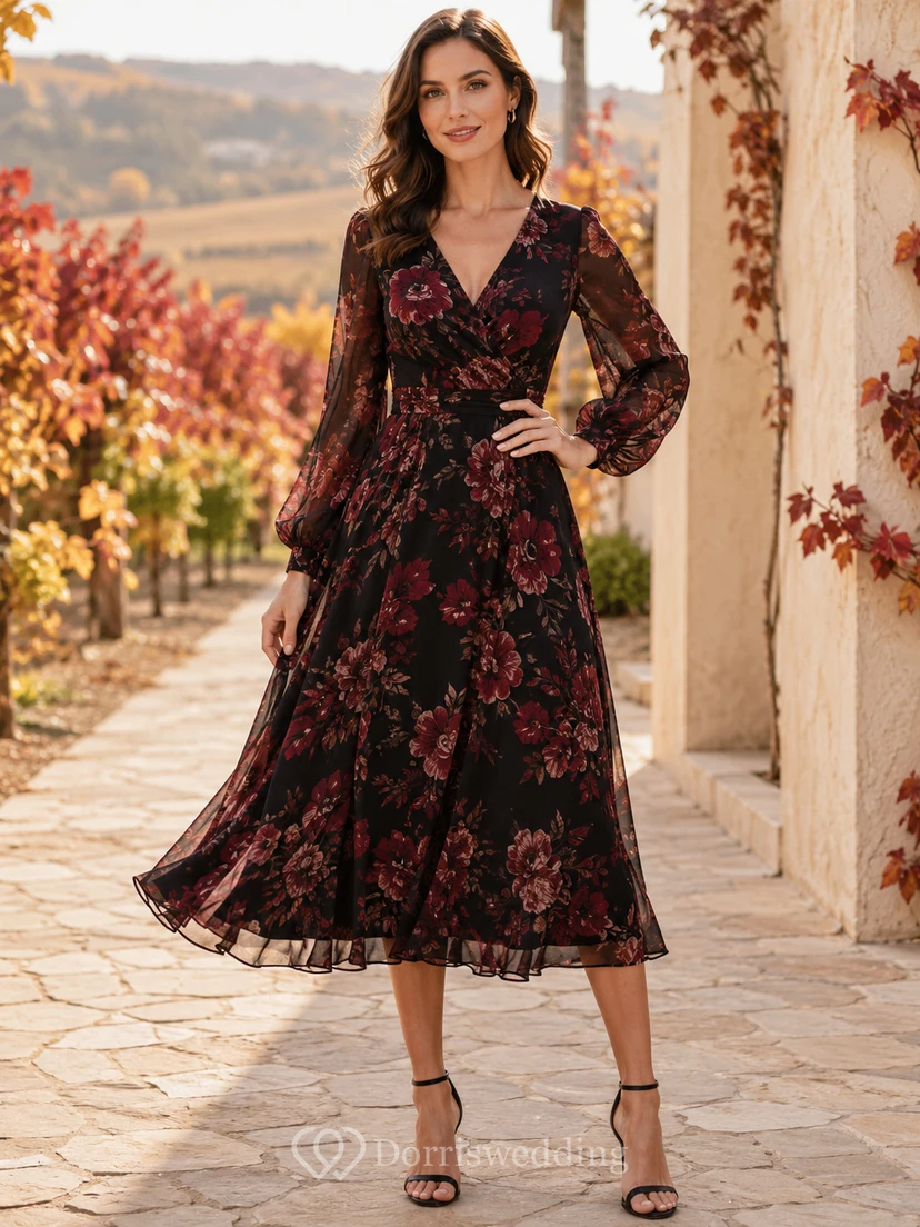 Vestido de invitada negro burdeos con estampado floral, escote en V y mangas largas hasta la rodilla.