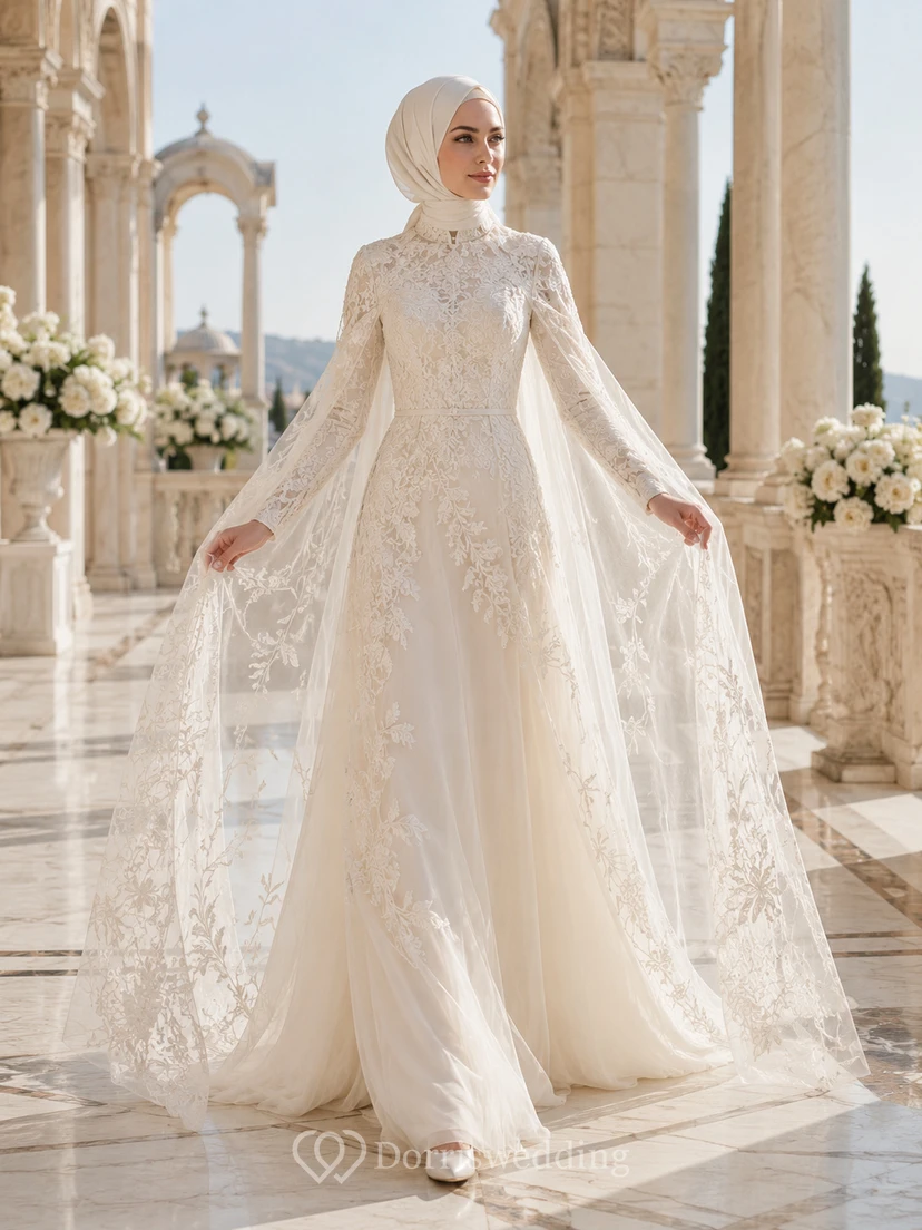 Vestido de novia musulmán modesto con capa de encaje y corte en A.