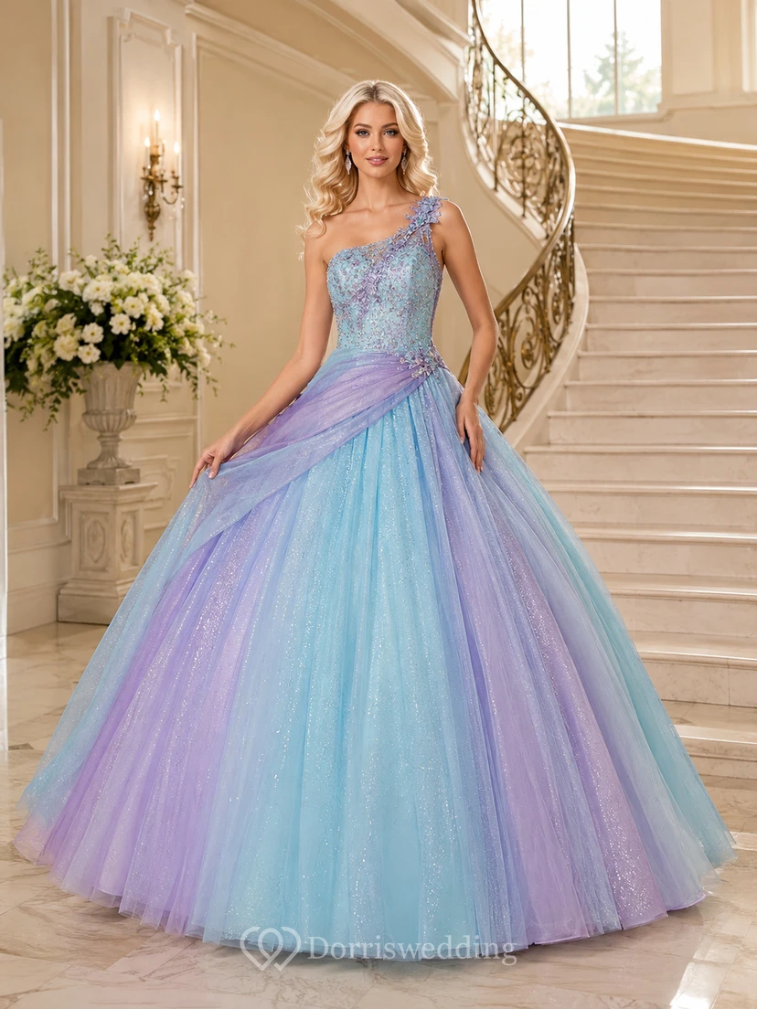 Sky Blue Lilac Luxury One Shoulder Draped Ombre Quinceanera Princess Formal Ball Gown