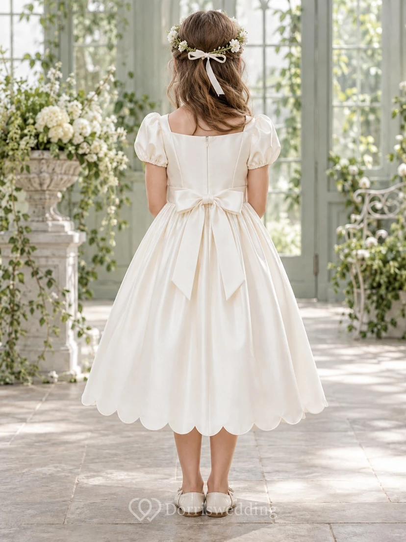 Simple Tea-length Ivory Satin Sweetheart Puff-sleeve Sashed Gathered Scalloped-hem Bow-back Flower Girl Dress view 2