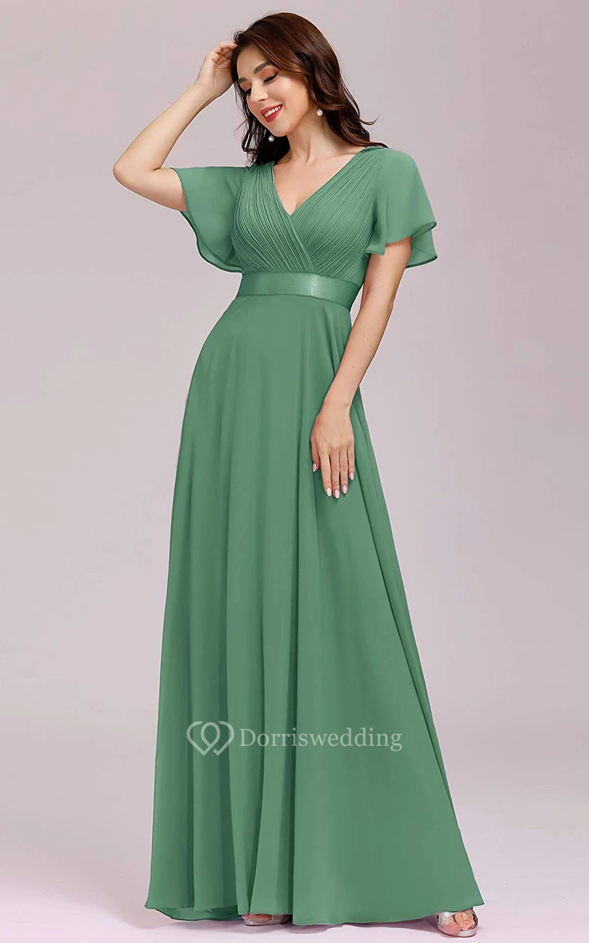 Elegant Chiffon V-neck A Line Short Sleeve Prom Mother Dress With Ruffles view 9