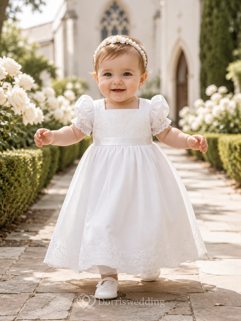 Klassisches Taufkleid für Babys, A-Linie, Teelänge, eckiger Ausschnitt, Puffärmel, Satin, Tüll, Knopfleiste am Rücken