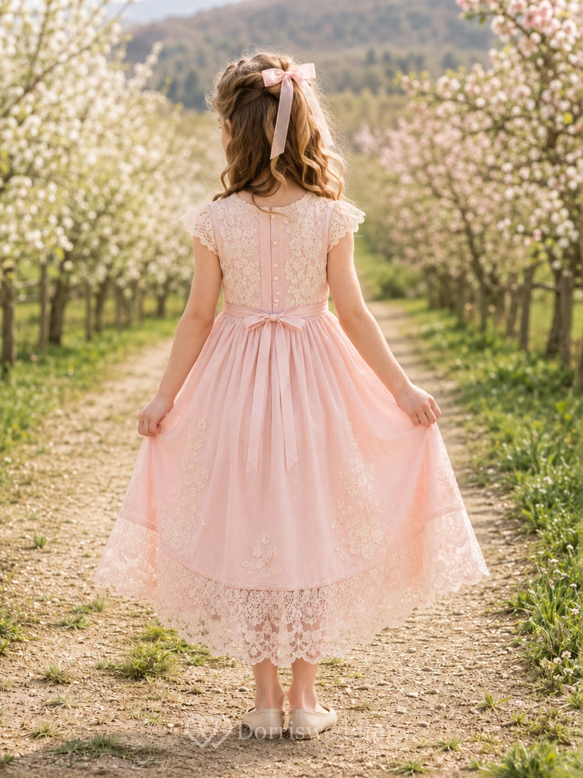 Flower Girl Dress Blush Lace Tulle A-Line Scoop Neck Tea Length view 2
