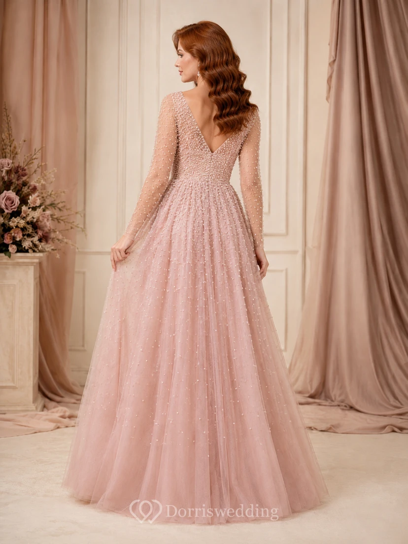 Abendkleid in A-Linie aus rosafarbenem Perlmutt-Tüll mit V-Ausschnitt view 2