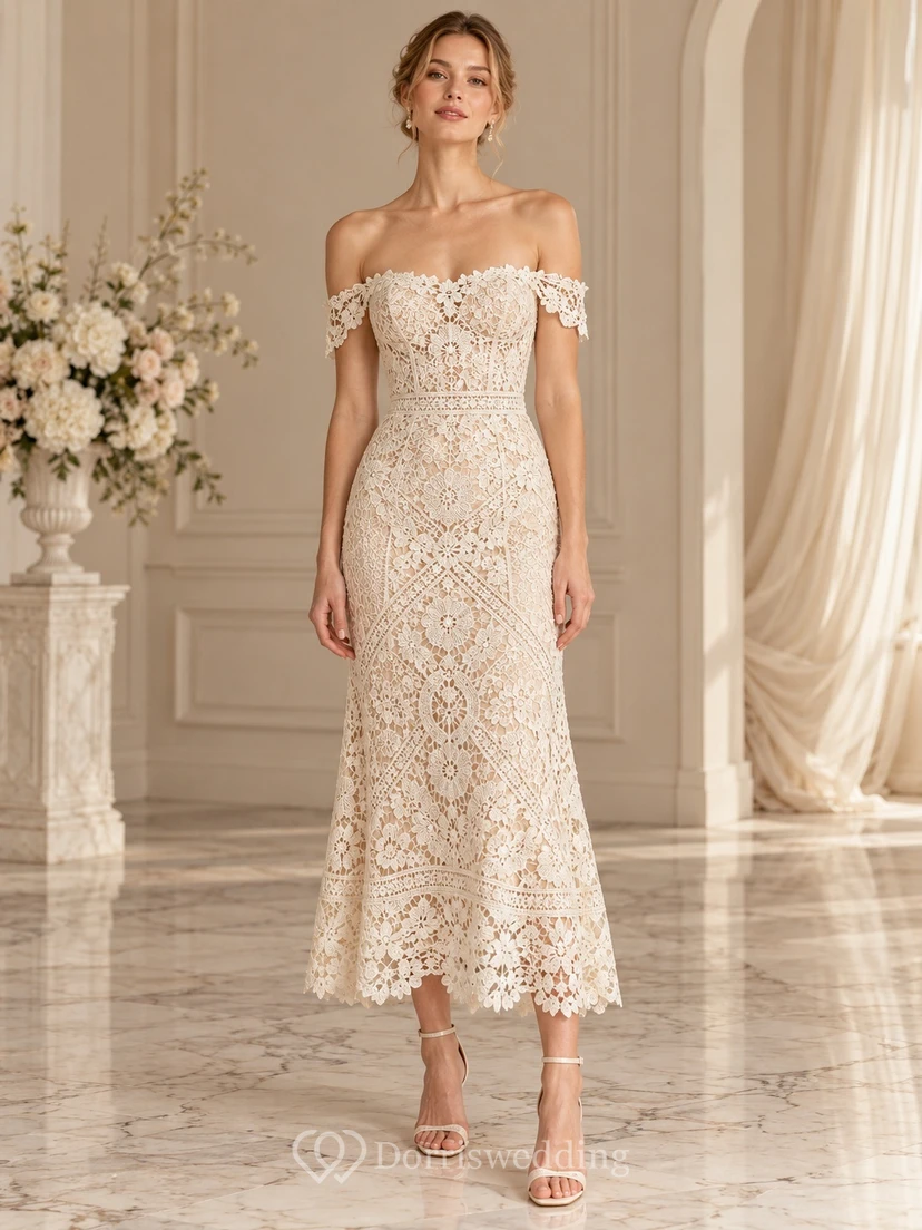 Boho Tea-length Off Shoulder Geometric Lace Fitted Bridal Wedding Dress