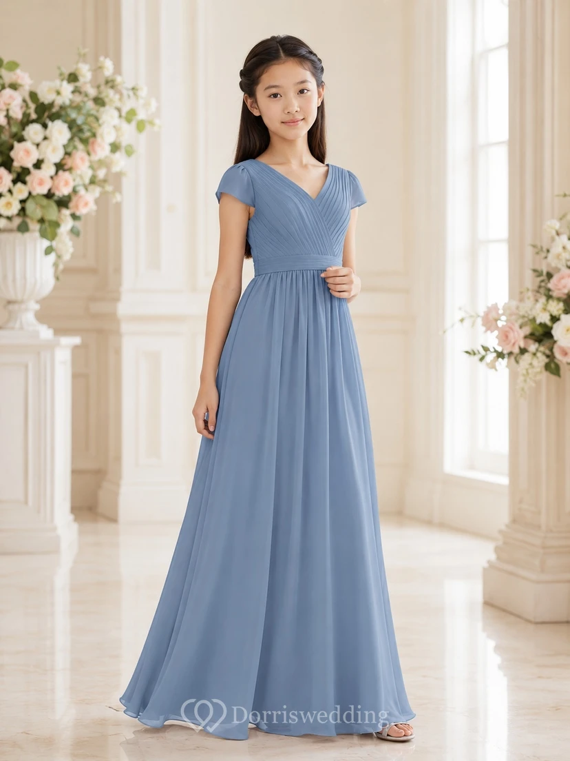 Stahlblaues Brautjungfernkleid für junge Damen, A-Linie, V-Ausschnitt, kurze Ärmel, romantisch
