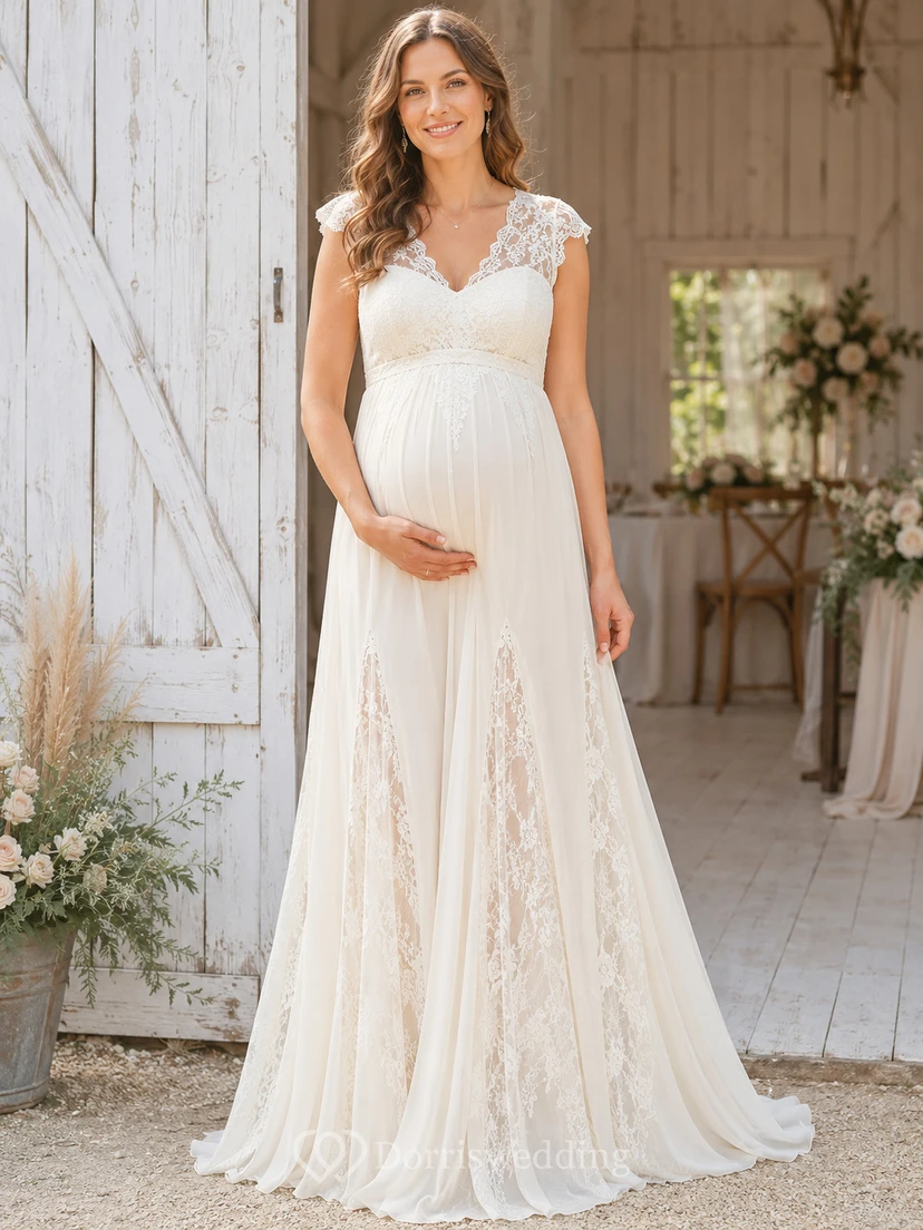 Maternity V Neck Cap Lace Sleeve Empire Chiffon A-Line Sweep Wedding Gown