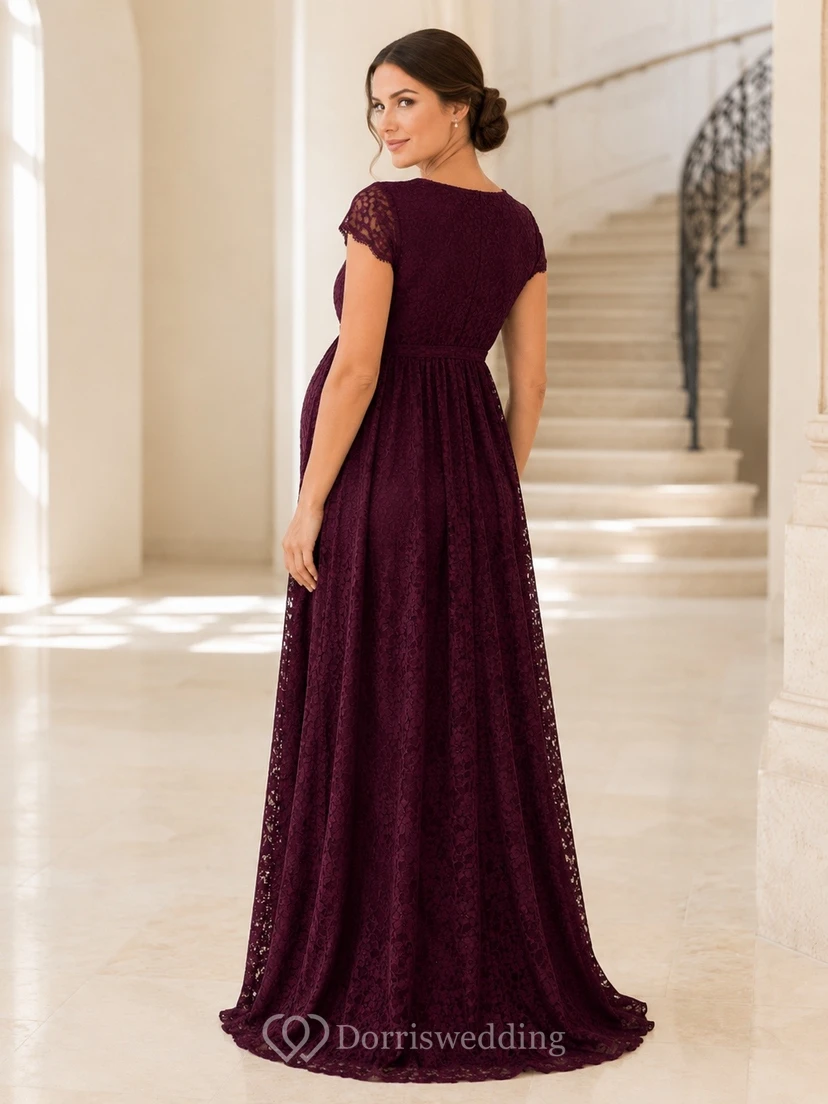 Burgundy Romantic Elegant V-Neck Short-Sleeve Lace Ruched A-Line Floor-Length Formal Dress view 2