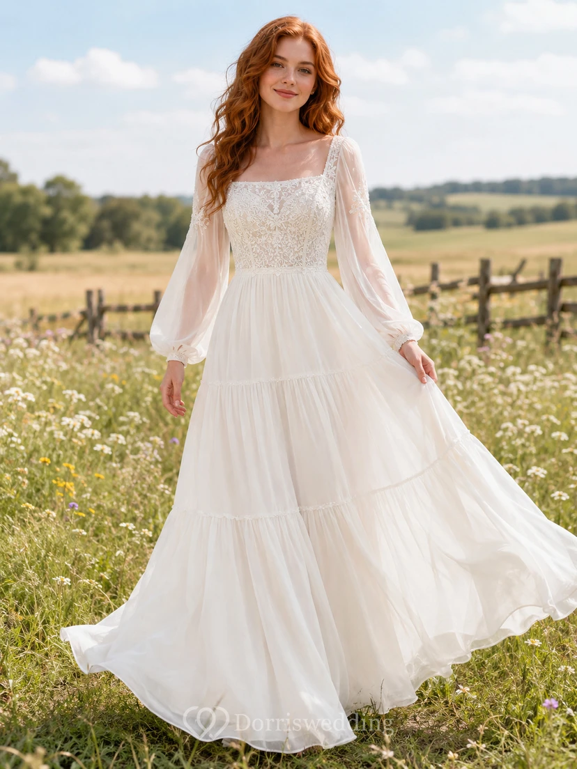 Brautkleid im Landhausstil aus Spitze und Tüll, A-Linie, eckiger Ausschnitt, lange Ärmel, bodenlang