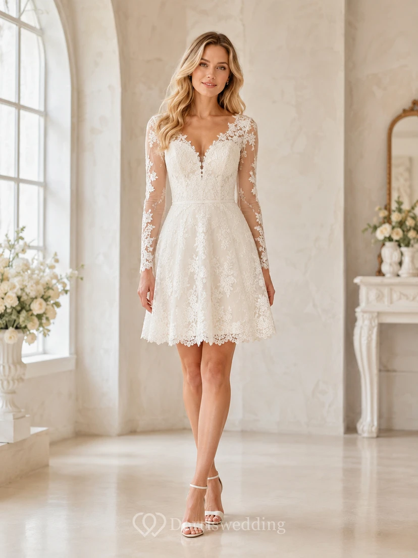Romantic Short V-Neck Long Lace Sleeve A-Line Vintage Wedding Dress