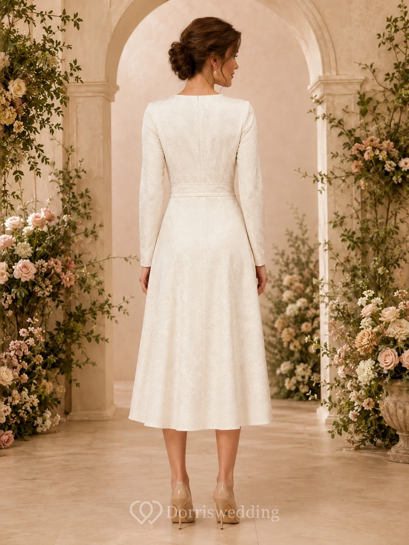 Ivory V-Neck Long Sleeve Wrap Chiffon Tea-Length Dress view 2