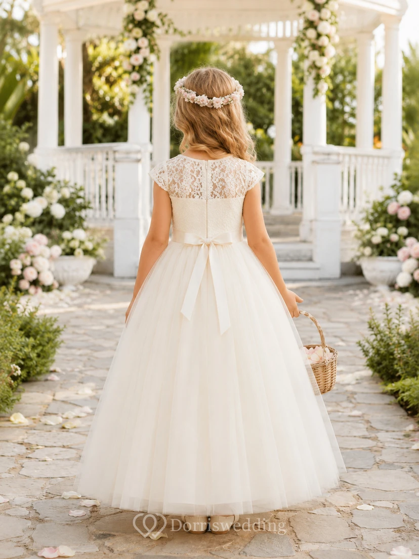 Flower Girl Dress Ivory Lace Tulle A-Line Short Sleeve Scoop Neck Tea Length view 2
