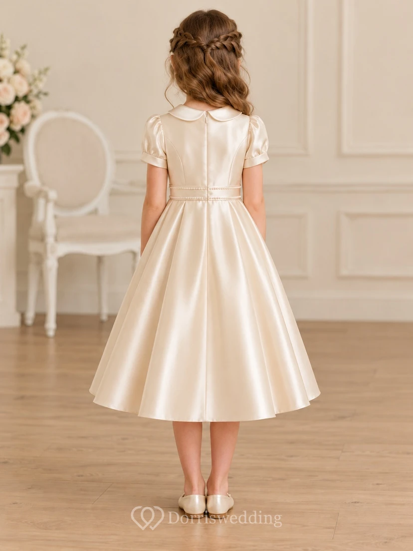 Cream Peter Pan Collar Puff Sleeve Button Flower Girl Dress view 2