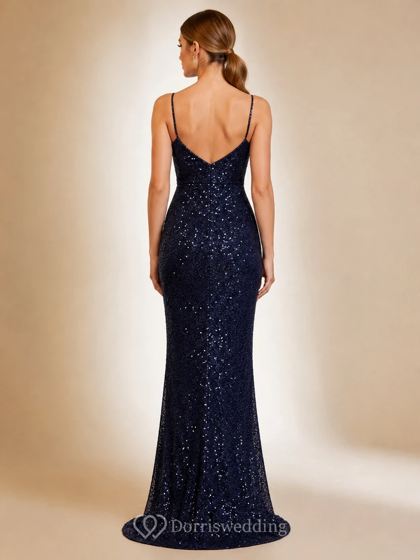 Dark Navy Spaghetti Sequin Petite Mermaid Dress view 2