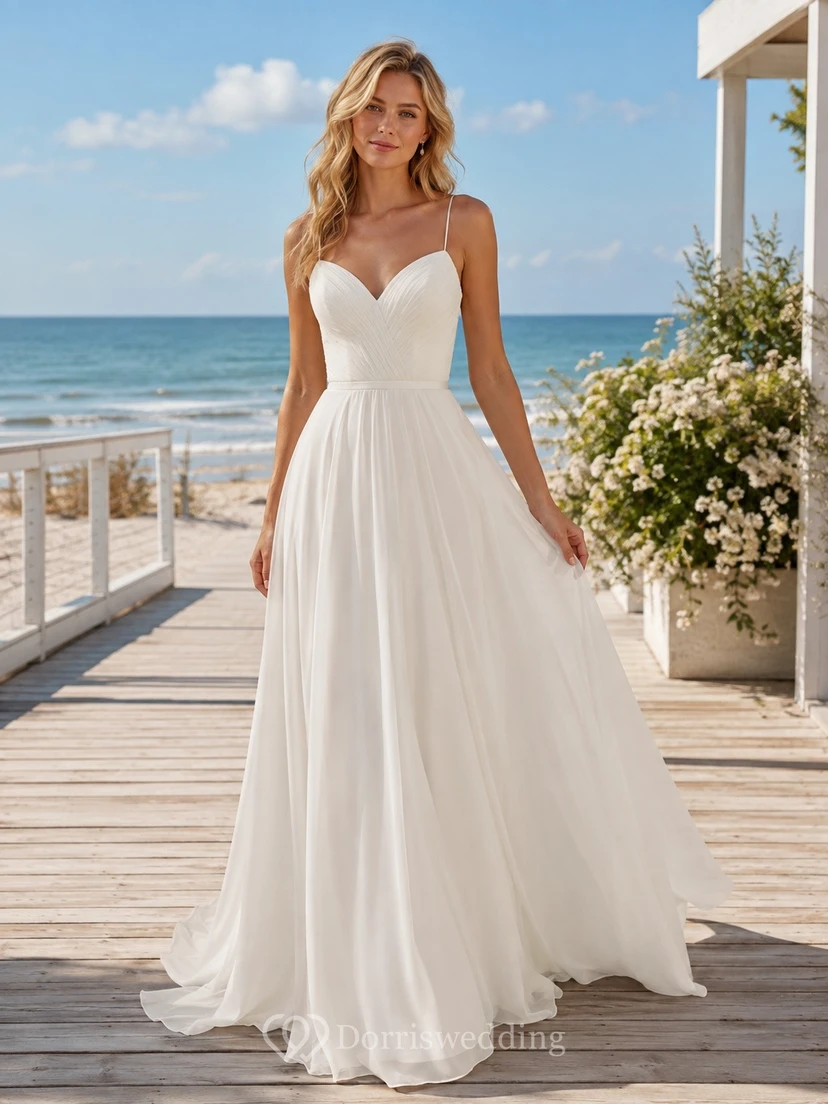 Vestido de novia sencillo, formal, sin mangas, con escote corazón y corte en A.
