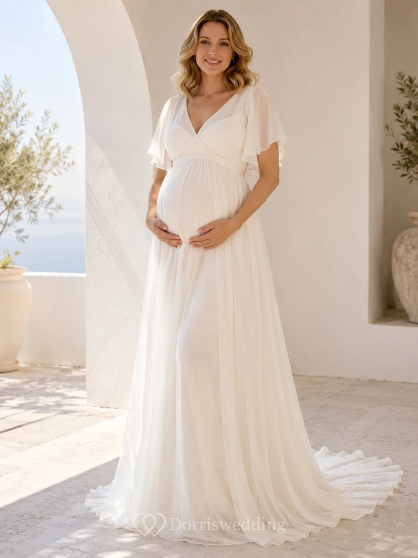 Maternity V-Neck Short Sleeve Chiffon Sweep Train Wedding Dress