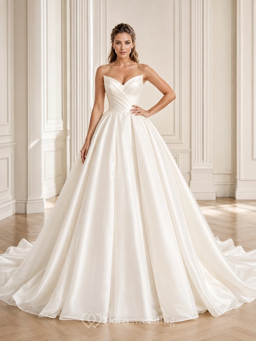 Vestido de novia sencillo de corte princesa sin tirantes con escote corazón y cola de capilla.