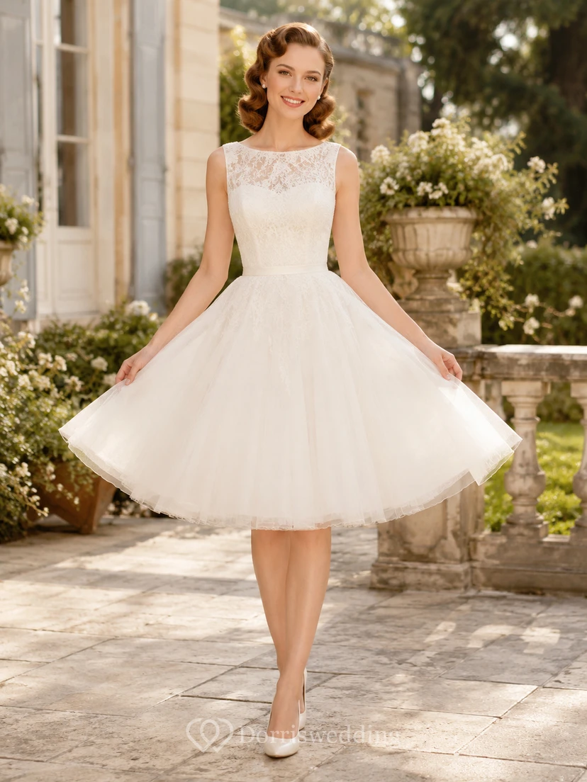 Vestido de novia de corte A, largo midi, sin mangas, con encaje floral, botones y espalda ilusión, confeccionado en tul.