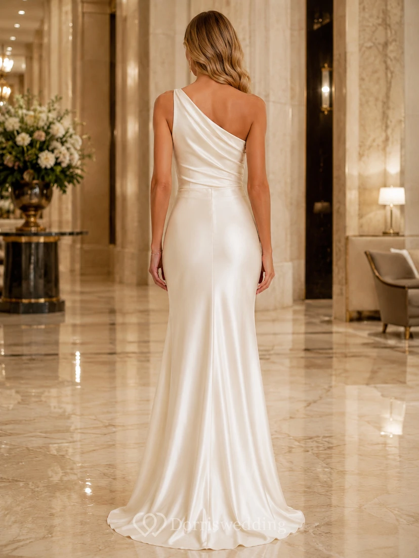 Soft Neutral Satin One Shoulder Slit Mermaid Evening Gown view 2