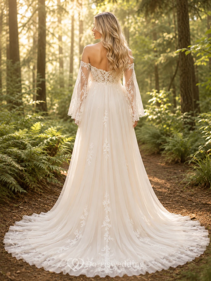 Vestido de novia premamá con hombros descubiertos, mangas acampanadas, encaje, corte en A, color bosque. view 2