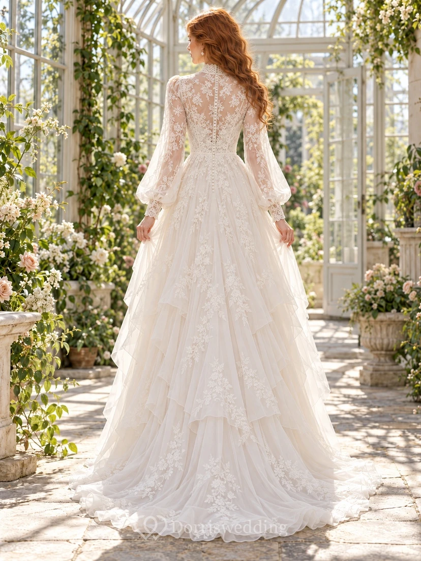 Vestido de novia modesto de corte A con cuello alto, manga larga y volantes de tul view 2