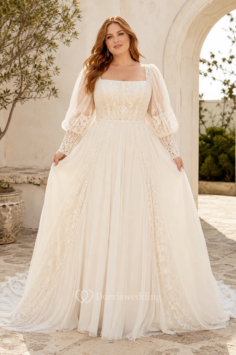 Robe de mariée grande taille en tulle, col carré, manches longues, coupe trapèze, col rond