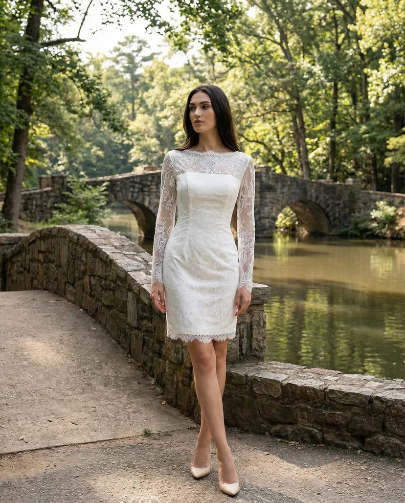 High Neck Lace Knee-Length Vow Renewal Dress view 3