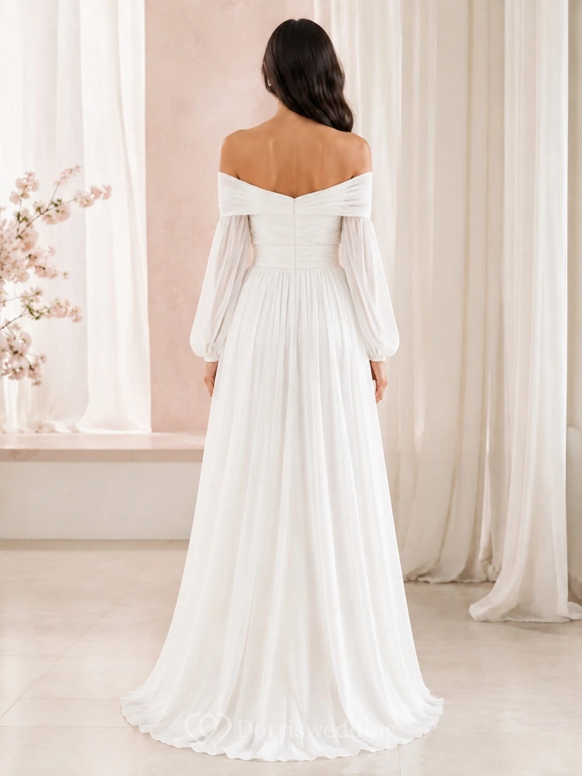 Vestido de novia de gasa estilo imperio, manga larga, hombros descubiertos, largo hasta el suelo view 2
