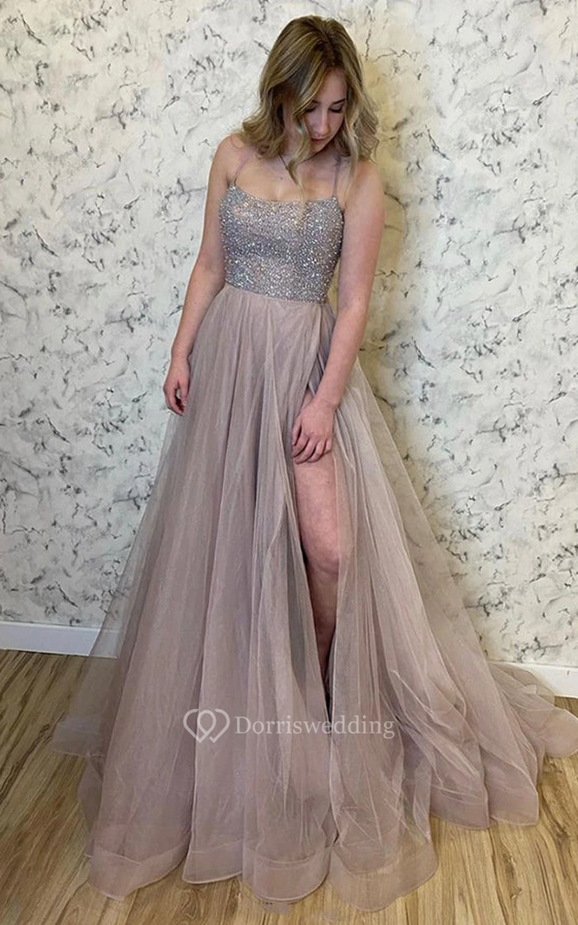 Ethereal A Line Spaghetti Floor-length Sleeveless Sequins Prom Dress with Ruching view 2