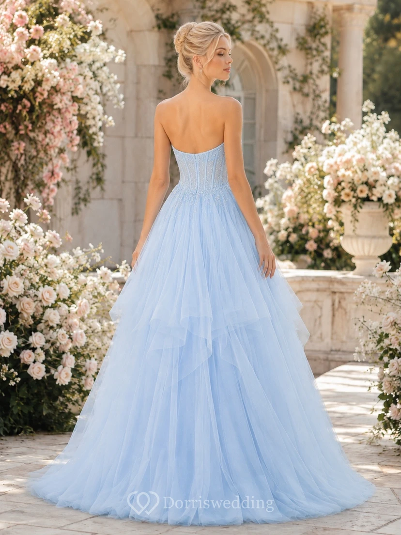 Baby Blue Strapless Layered Tulle Quinceanera Ball Gown view 2