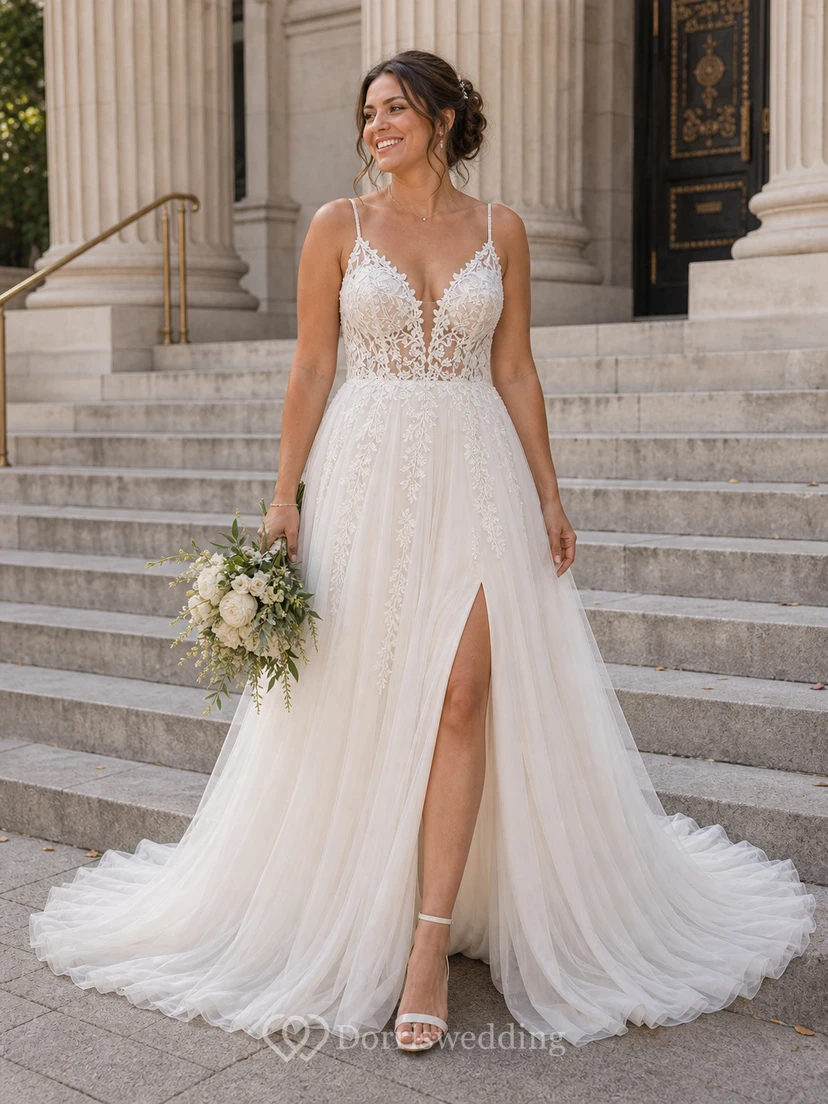 Boho Beach Wedding Dress with Spaghetti Straps, Floral Lace Bodice, High Slit & Flowing Chiffon Train view 8