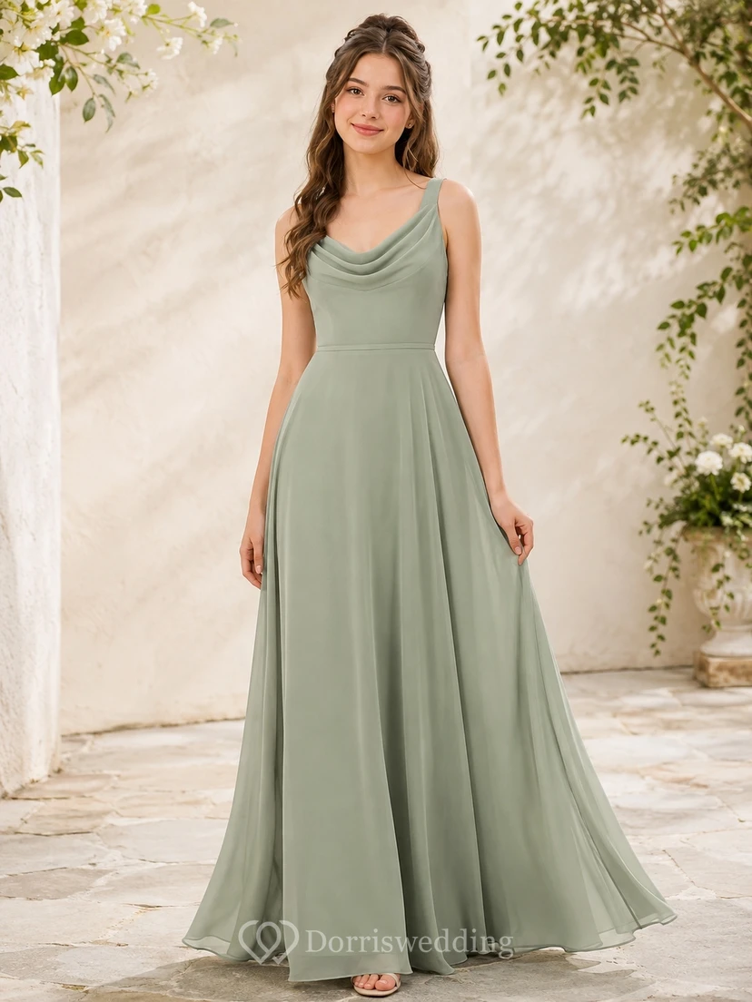 Vestido de dama de honor juvenil color celadón, corte en A, escote drapeado, sin mangas