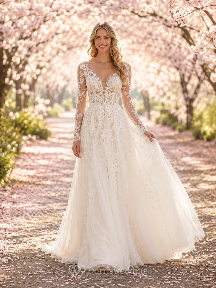 Vestido de novia bohemio de corte A con mangas de encaje y estampado de flores de cerezo