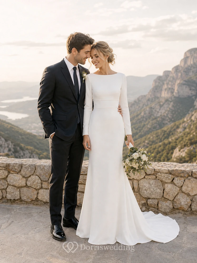 Modest Long Sleeve White Wedding Dress | Simple Formal Temple Lds Bridal Gown view 8
