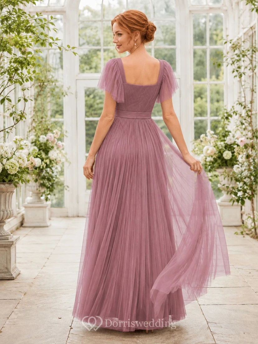 Mauvefarbenes, formelles Chiffonkleid in A-Linie mit eckigem Ausschnitt, kurzen Puffärmeln und Falten view 2