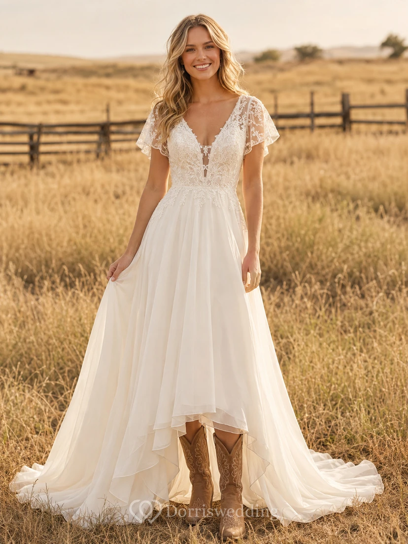 Country A-Line Wedding Dress with V-Neck Lace Bodice and Cap Sleeves Romantic Bohemian Tulle Short Sleeve