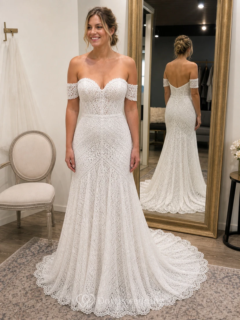 Vestido de novia bohemio de corte imperio con encaje y escote corazón. view 6