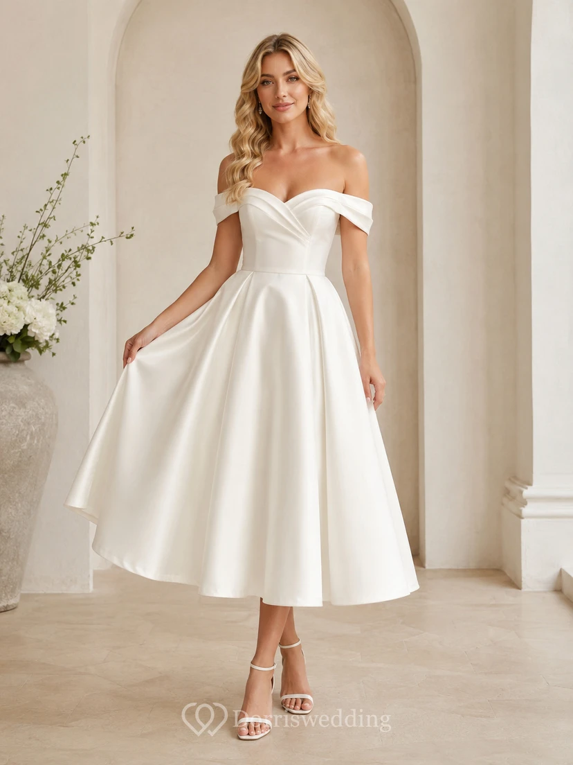 Vestido de recepción nupcial clásico de satén con escote de hombros descubiertos y corte en A, largo hasta la rodilla.