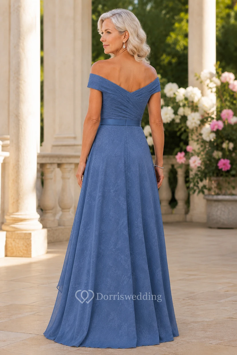 Dusty Blue Off-the-Shoulder A-Line Mother Dress with Floral Accent view 2