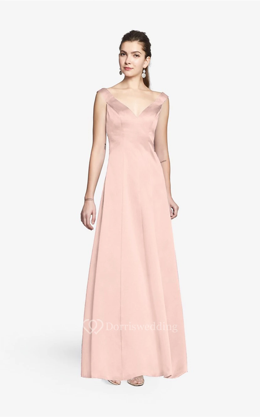 Simple V-neckline Floor-length Satin Dress With Cap Sleeves view 9