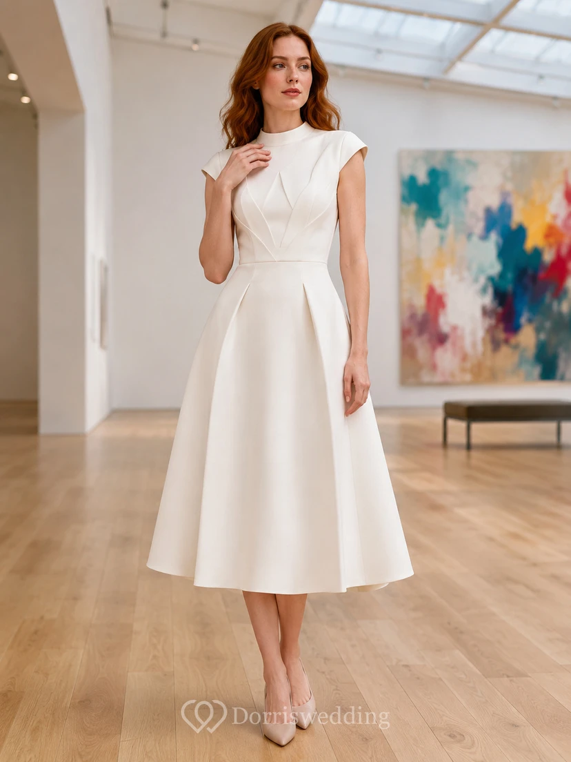 Vestido midi escultural de corte A, sin mangas, con escote barco y pliegues.