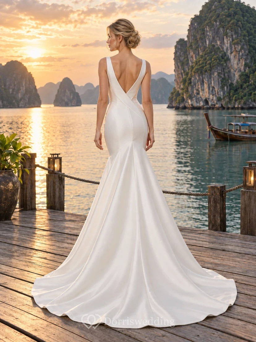 Schlichtes, ärmelloses Brautkleid aus Satin im Meerjungfrauenstil mit tiefem V-Ausschnitt und U-Boot-Ausschnitt am Rücken view 2