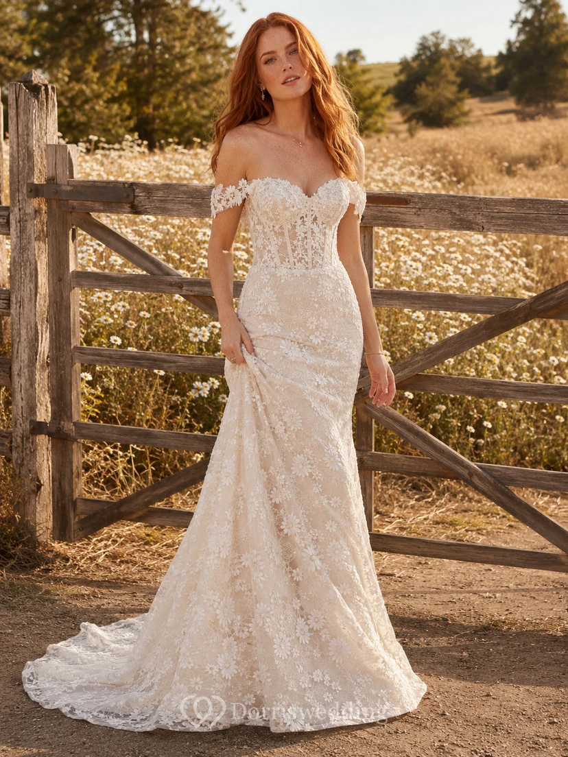 Robe de mariée champêtre en dentelle, coupe sirène, col V, sans manches, traîne chapelle, dos nu