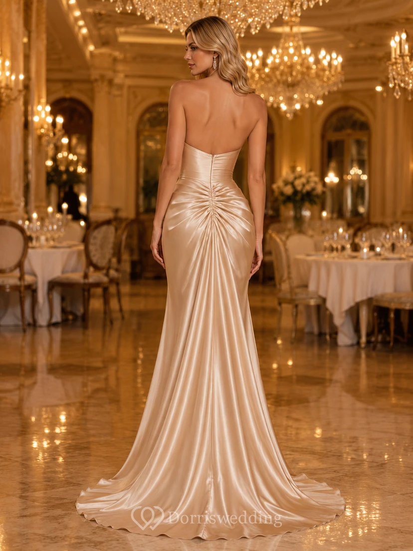 Champagne Strapless Draped Satin Mermaid Gown With Slit view 2