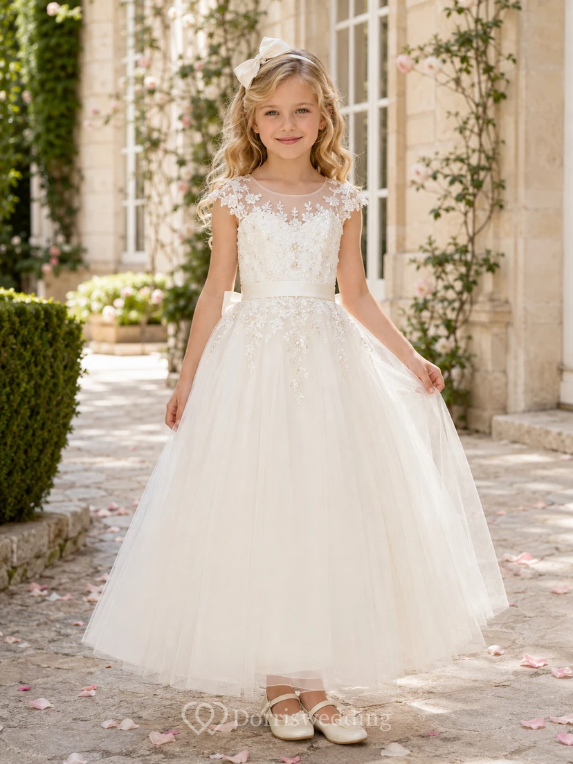 Elegante y romántico vestido de niña de las flores con cuello joya, mangas cortas, encaje, tul y lazo hasta el suelo.