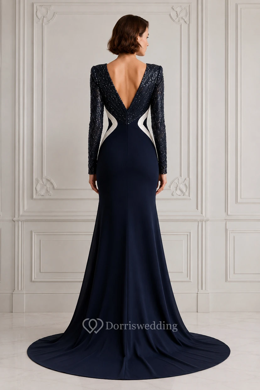 Robe de soirée sirène bleu marine foncé à manches longues, décolleté en V profond et manches à sequins view 2