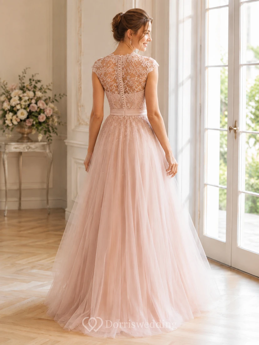 Romantic Blush Halter Illusion Lace Tulle A Line Formal Guest Gown view 2